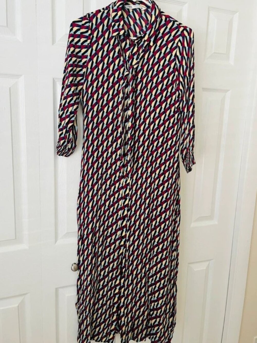 Zara Geometric Maxi Dress in Navy, Cream & Burgundy